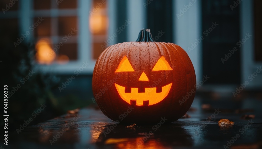 A glowing jack-o'-lantern sits on a wet pathway, welcoming Halloween at dusk A glowing jack-o'-lantern sits on a wet pathway, welcoming Halloween at dusk