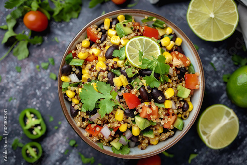 A quinoa salad with black beans corn and lime dressing