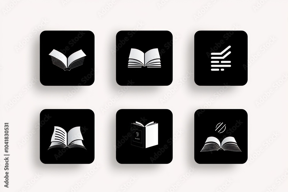 9 minimalist square logos each depicting the pages of an open book. 9 minimalist square logos each depicting the pages of an open book.