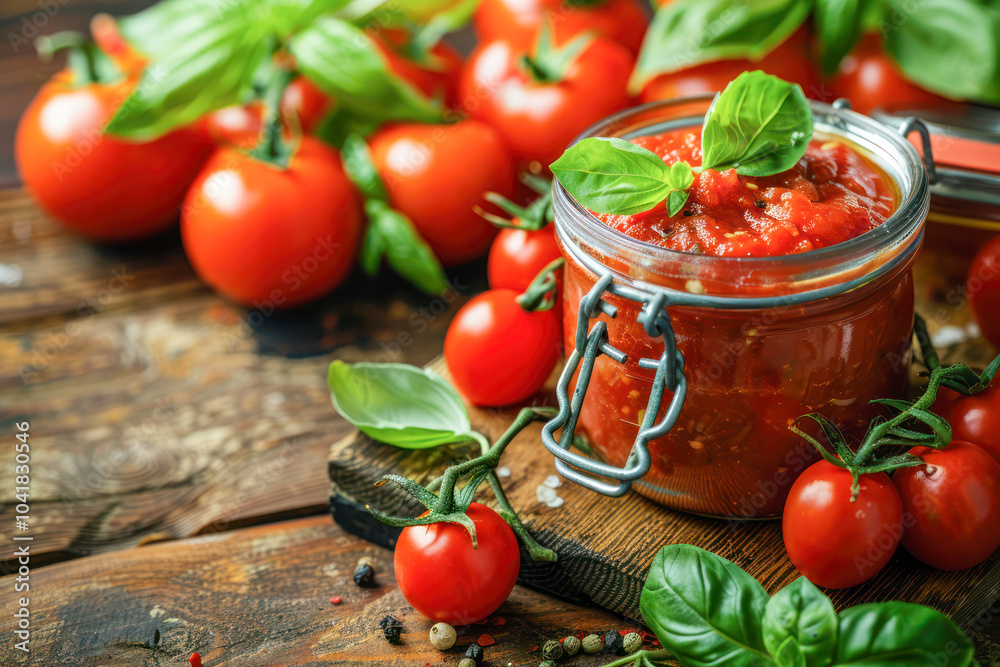Jar of fresh tomato sauce with basil leaves and whole tomatoes on a rustic wooden table. Jar of fresh tomato sauce with basil leaves and whole tomatoes on a rustic wooden table.
