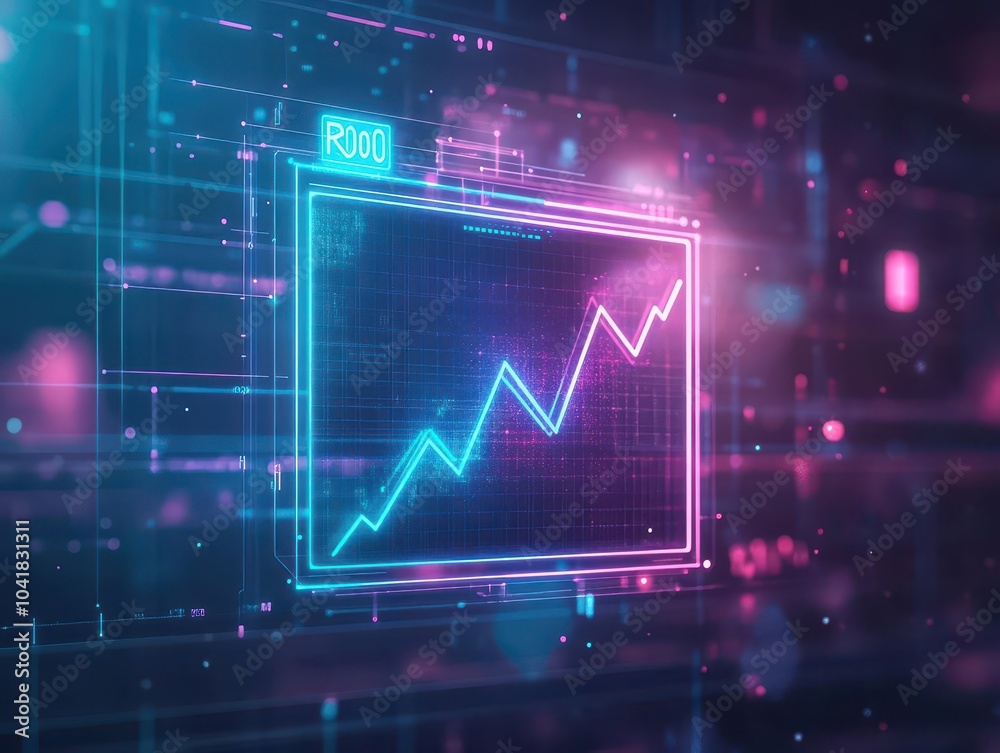 Hightech holographic ROI chart with glowing line graphs, floating in space, abstract geometric shapes, neon blue and purple lighting Hightech holographic ROI chart with glowing line graphs, floating in space, abstract geometric shapes, neon blue and purple lighting