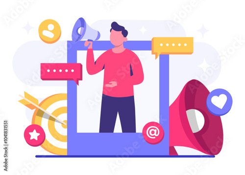 Digital marketing concept flat vector illustration, Business content strategy, Influential marketing, Social media campaign, Promotion, E-commerce, Marketing agency, Attracts new customers