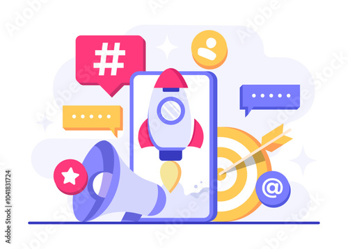 Digital marketing flat vector illustration, Ad campaign and online promotion in mobile apps, advertising content in social networks, Social media campaign, Promotion, E-commerce