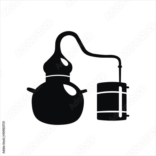 Copper alambik for the production of alcohol, essential oils and moonshine. Icon, sketch.