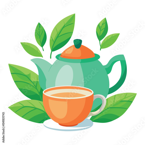 Tea breakfast (cup of tea, fresh green leaves, teapot and bamboo mat isolated on white background with sample text