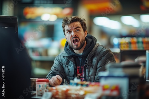 angry male customer yelling at cashier