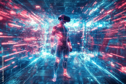 Holographic digital corridor viewed through VR lens. photo