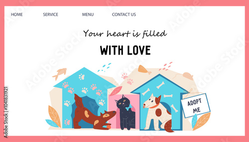 Buying or adoption homeless dogs, animals shelter and help banner template, flat vector illustration isolated on white background.