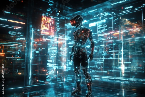 Digital cyborg exploring a high-tech virtual space photo