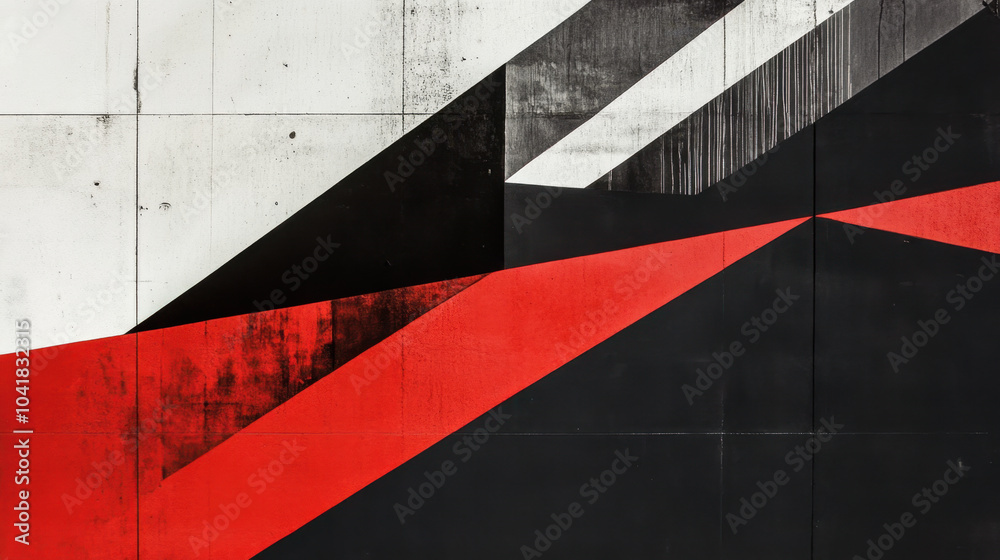 Naklejka premium Bold modern design with sharp angular lines in black, white, and red creates striking visual impact. geometric patterns evoke sense of dynamic energy and contemporary art