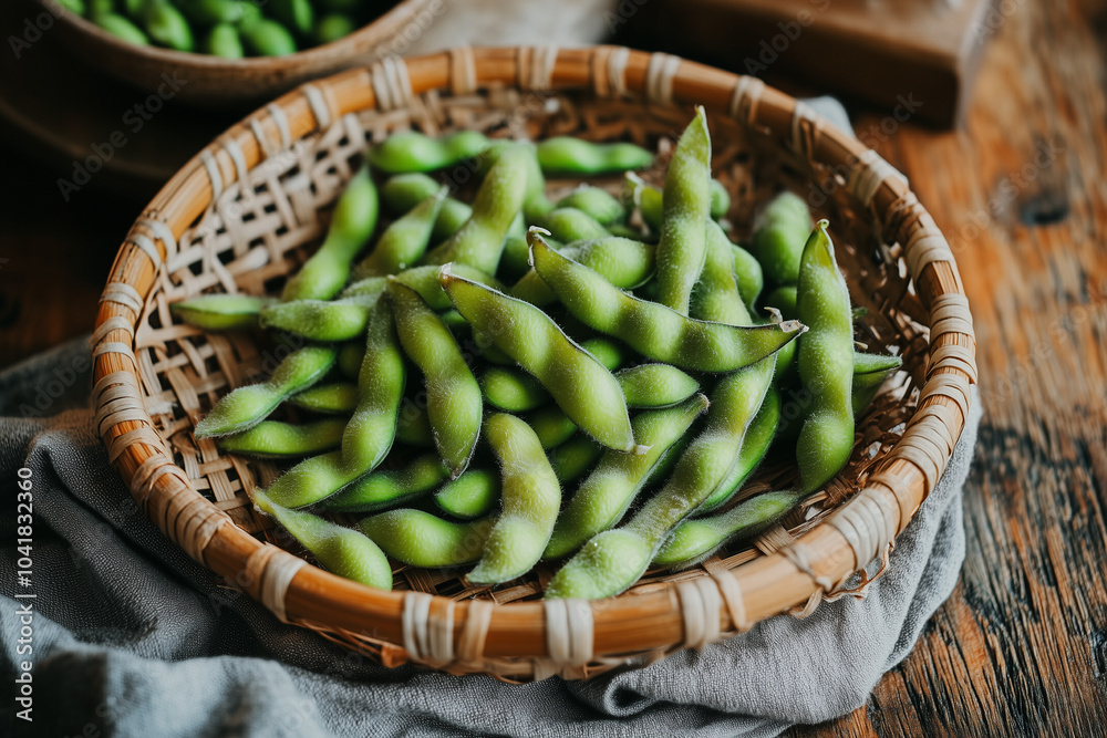 Selective focus fresh harvest edamame in basket, Close up shot green soybean in basket. Selective focus fresh harvest edamame in basket, Close up shot green soybean in basket.