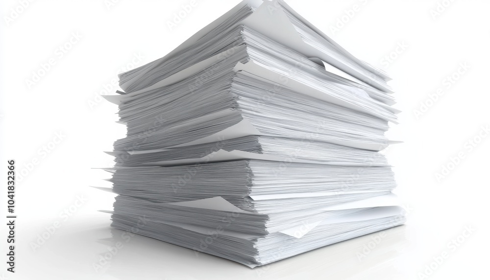 A large stack of papers cluttered on a clean white table in a bright workspace A large stack of papers cluttered on a clean white table in a bright workspace