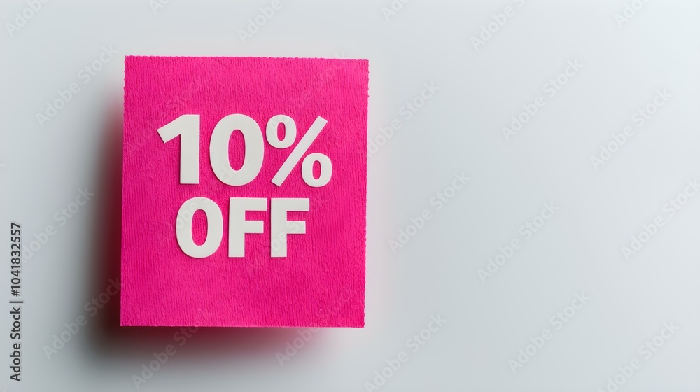 White '10% OFF' Text on a Hot Pink Square Paper Note. White Background with Copy Space