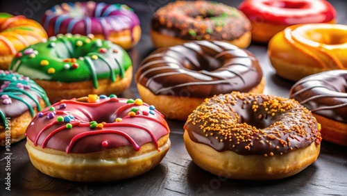 A symphony of sweet decadence, a colorful array of donuts coated in rich chocolate, vibrant icing, and sprinkles.