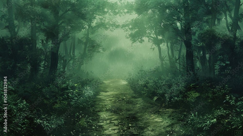Fototapeta premium Forest pathway enveloped in green trees and misty morning atmosphere