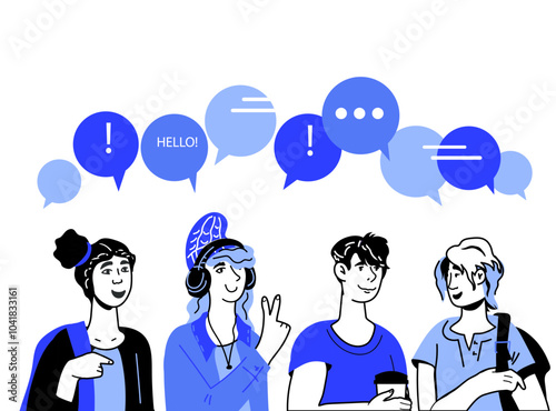 Group of students and friends with speech bubbles above their heads, hand drawn doodle style vector illustration isolated on white background. Communication and young people community.