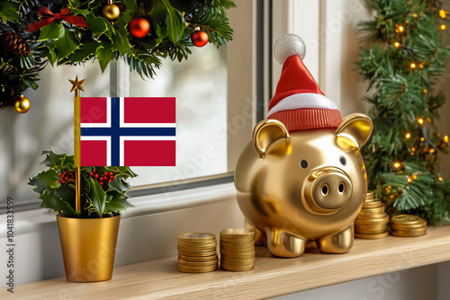 Flag of Norway on a potted holly plant and golden piggy bank with hat and coins,sorrounded by festive decorations during Christmas holiday season.Business,finance and economy concept. photo