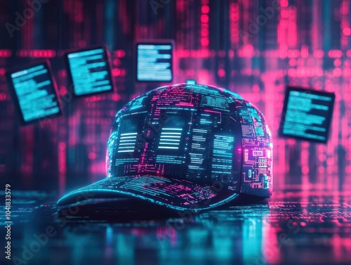 Futuristic bachelor cap with embedded screens, digital textbooks hovering in the background, scifi, neon lighting photo