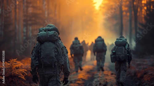 Soldiers Walking Through a Forest at Sunset