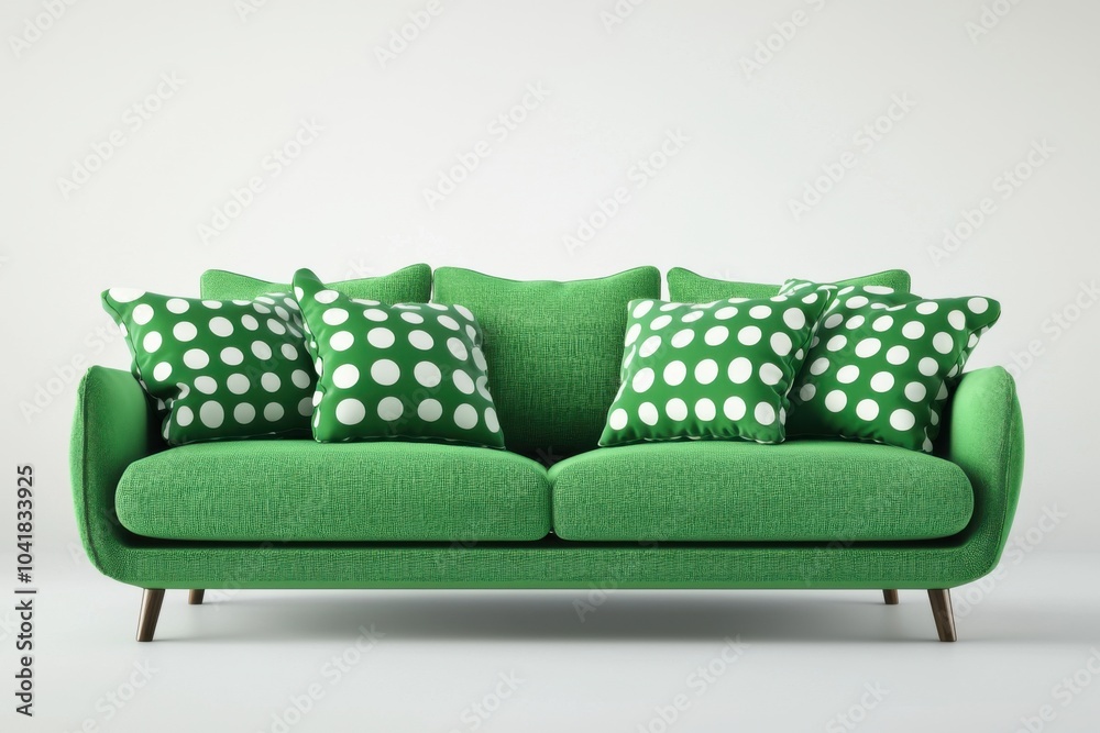 Obraz premium A vibrant green sofa adorned with white polka dot cushions, perfect for adding a playful touch to modern interior decor.