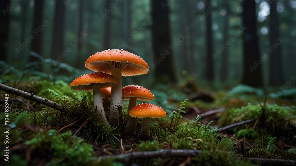 Fototapeta premium A cluster of vibrant orange mushrooms with white spots emerge from the mossy forest floor, their caps glistening with raindrops. 