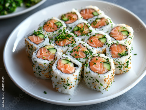 Delicious gourmet sushi rolls arranged neatly on clean white plate, featuring fresh salmon and cucumber, garnished with herbs for appealing presentation