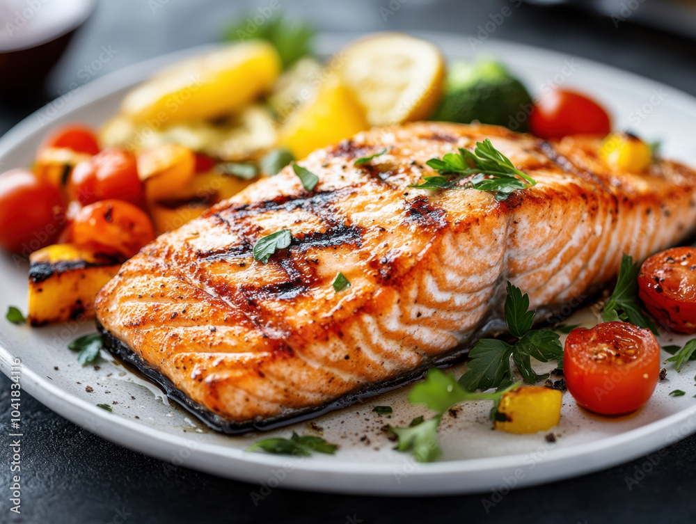 Delicious grilled salmon served on clean white plate, accompanied by fresh vegetables and garnished with herbs, creating vibrant and appetizing meal Delicious grilled salmon served on clean white plate, accompanied by fresh vegetables and garnished with herbs, creating vibrant and appetizing meal
