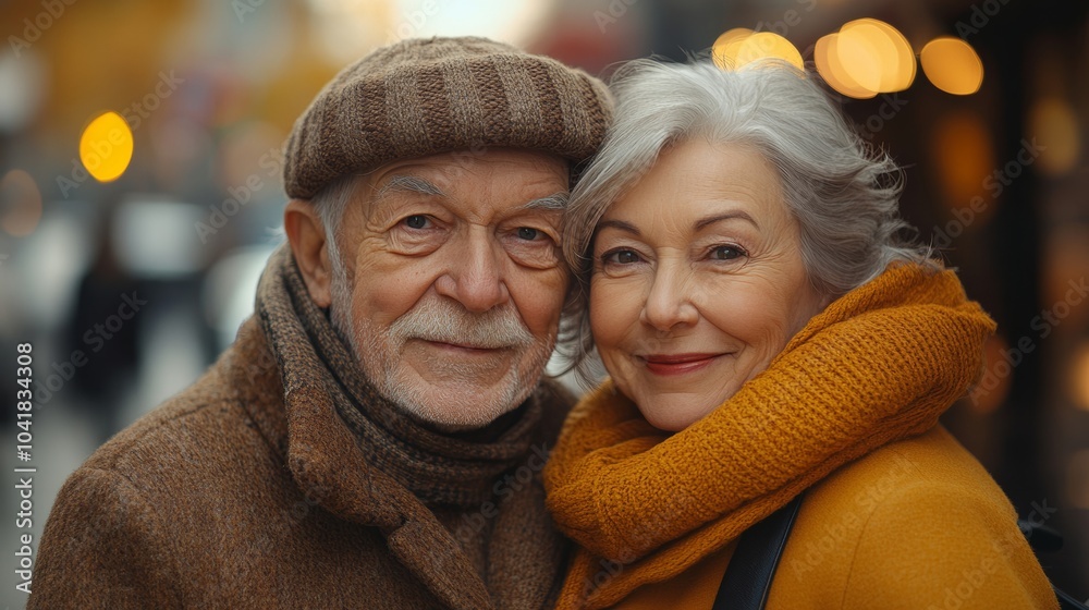 Man and woman are posing for a picture. man is wearing a brown coat and the woman is wearing a yellow scarf. They both have smiles on their faces, scene appears to be a happy moment captured Man and woman are posing for a picture. man is wearing a brown coat and the woman is wearing a yellow scarf. They both have smiles on their faces, scene appears to be a happy moment captured