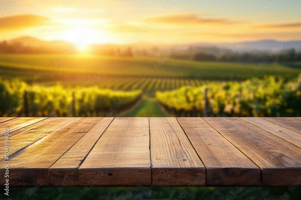 Empty wooden table in front of a blurred vineyard at sunset, golden light, rolling hills, warm and inviting, wine country vibes Empty wooden table in front of a blurred vineyard at sunset, golden light, rolling hills, warm and inviting, wine country vibes