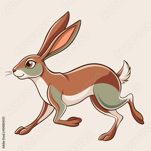 Brown rabbit illustration running happily on a light background copy space