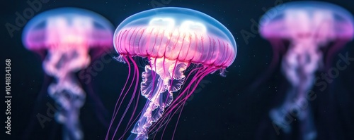 Closeup of neon jellyfish floating in a dark ocean, deepsea bioluminescence Neon jellyfish, Underwater life