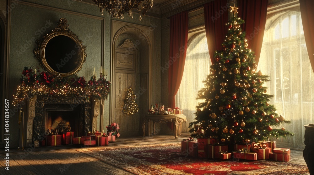 Interior with a Christmas tree for Christmas or New Year's Interior with a Christmas tree for Christmas or New Year's