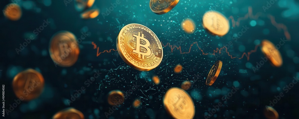 Naklejka premium Digital coins falling from a crumbling virtual stock market graph, disappearing into a dark void