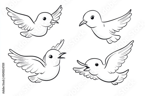 A cute and simple illustration of four playful seagulls flying freely in the sky, designed for a coloring book. Each seagull has a unique and adorable pose, with rounded