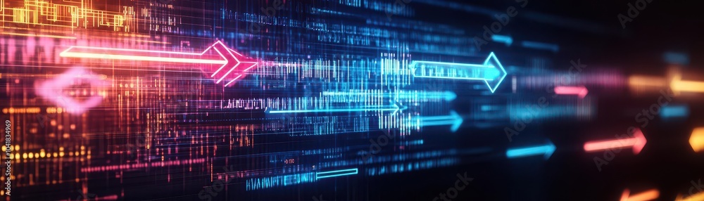 Digital arrows, glowing neon, abstract tech grid, futuristic data flow, hightech design Digital arrows, glowing neon, abstract tech grid, futuristic data flow, hightech design