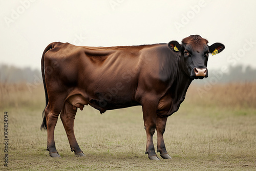 Portrait of brown muscular cow on grass field, Chocolate cow with standing posture in ranch farming. photo