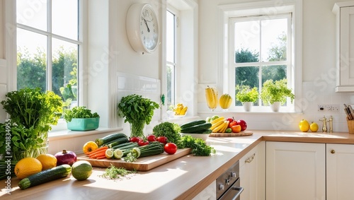 Fresh vegetables are spread out on a wooden cutting board in a sunny kitchen