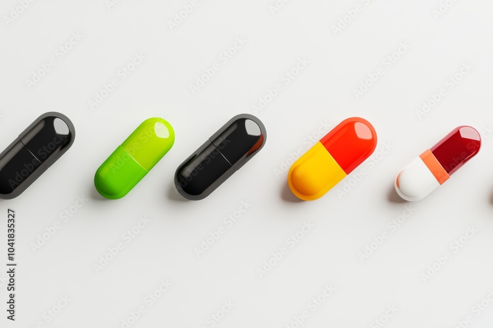 Row of colorful pills are lined up, including a green, black, yellow, and red pill. The pills are arranged in a straight line, with the green pill on the left, the black pill in the middle Row of colorful pills are lined up, including a green, black, yellow, and red pill. The pills are arranged in a straight line, with the green pill on the left, the black pill in the middle