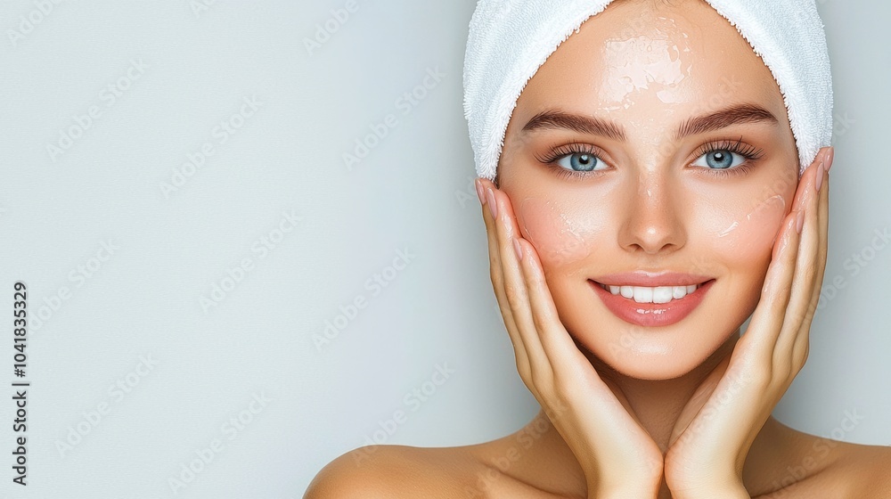 Woman with a white towel on her head and a smile on her face. She is holding her hands together in front of her face Woman with a white towel on her head and a smile on her face. She is holding her hands together in front of her face