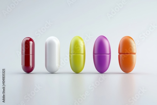 Row of pills are shown in different colors, including red, white, yellow, green, and purple. The pills are arranged in a line, with the red pill on the left and the purple pill on the right photo