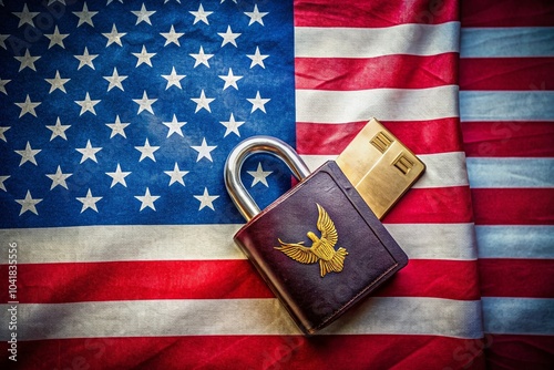 Double Exposure of Passport and Padlock Against US Flag Symbolizing Travel Ban photo