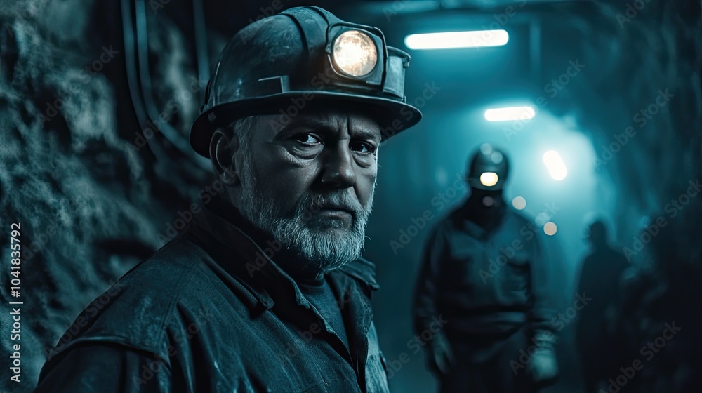 Fototapeta premium Close-up of miners in safety gear, controlling extraction equipment in a dimly lit underground mine, highlighting the dangers of their job.