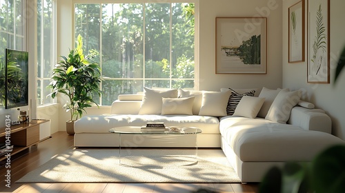 Elegant living room with a white sectional, glass coffee table, and minimalist decor, elegant modern living room, sophisticated and airy