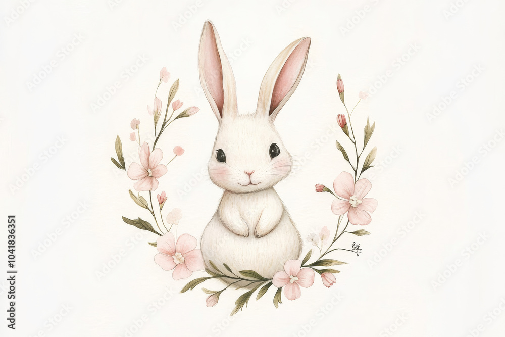 A charming illustration of a soft pastel bunny surrounded by an elegant wreath of pink flowers. The delicate colors and whimsical design create a serene atmosphere, making it a perfect piece of A charming illustration of a soft pastel bunny surrounded by an elegant wreath of pink flowers. The delicate colors and whimsical design create a serene atmosphere, making it a perfect piece of