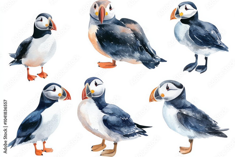 Fototapeta premium A unique watercolor set of coastal seabirds, like puffins, gulls, and pelicans, hand-painted with attention to soft textures and hues. The birds are isolated on a white background, ready for marine