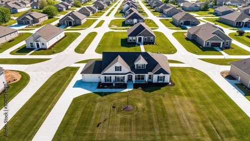 An aerial view of a suburban neighborhood with neatly manicured lawns and white sidewalks, taken on a sunny day