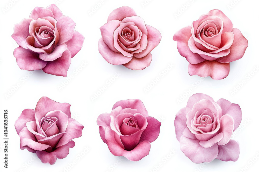 A stunning watercolor set of elegant pink roses, each flower delicately hand-painted with soft gradients and realistic petals. Isolated on a white background, perfect for floral clipart in romantic A stunning watercolor set of elegant pink roses, each flower delicately hand-painted with soft gradients and realistic petals. Isolated on a white background, perfect for floral clipart in romantic