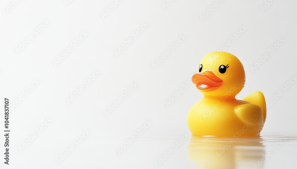 A cheerful yellow rubber duck floating in calm water during gentle lighting A cheerful yellow rubber duck floating in calm water during gentle lighting