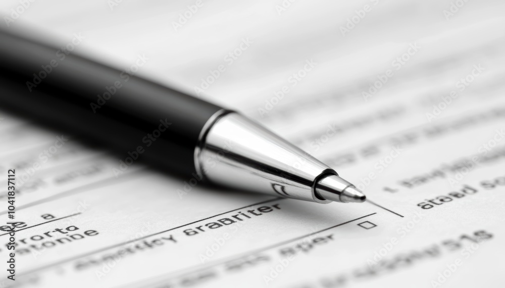 Close-up of a pen resting on a blank document with checkboxes during paperwork review Close-up of a pen resting on a blank document with checkboxes during paperwork review