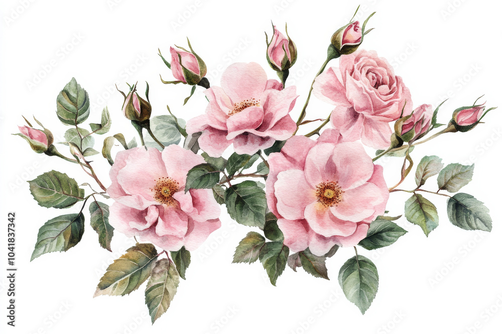 A detailed watercolor composition of blooming pink roses, complete with buds and soft green leaves. The flowers are painted in realistic detail and isolated on a white background, ideal for creative